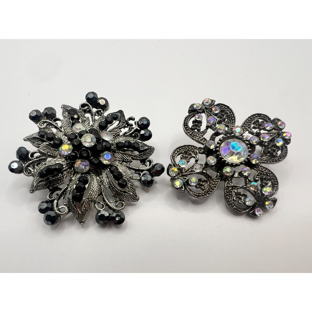 Brooch Lot – Black Rhinestone & Aurora Borealis Crystal Statement Pins